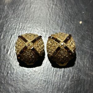 Vintage Blair Delmonico Signed 1" Amber/Gold Tone Rhinestone Clip Earrings